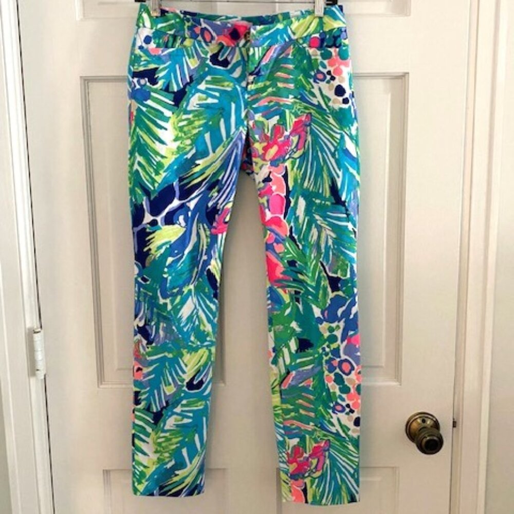 Lilly Pulitzer Pants Straight Leg Button Up Tropical Blue Green Size 0
